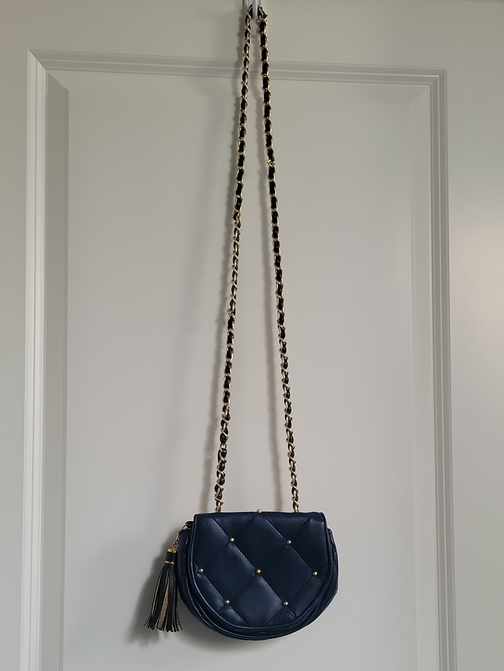 Vintage 1980-1990 Quilted Navy Crossbody Bag with Black Tassel